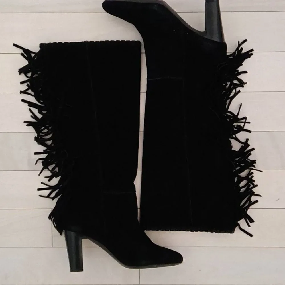 Cosmopolitan Women's Black Suede Wide Calf Fringe Stacked Heel Boots Size 8.5